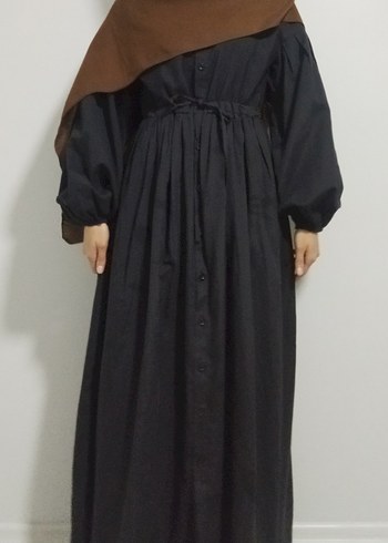 Düğmeli Uzun Siyah Pamuklu Elbise - Görsel 6