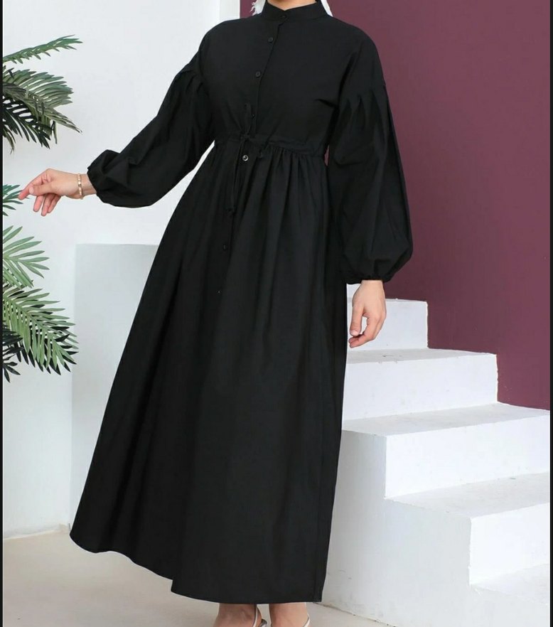 Düğmeli Uzun Siyah Pamuklu Elbise - Görsel 5