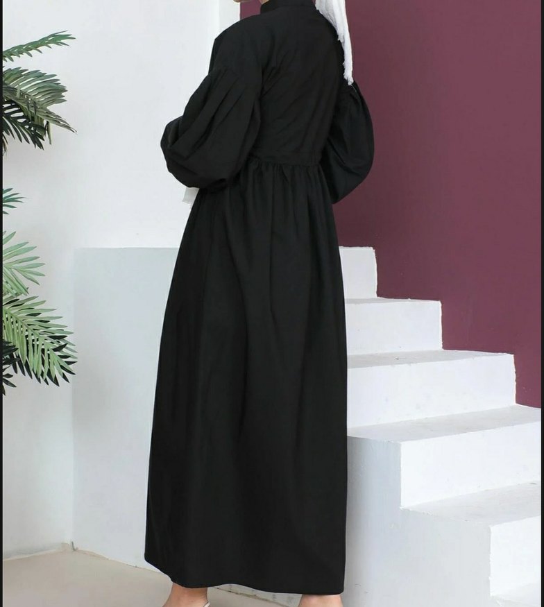 Düğmeli Uzun Siyah Pamuklu Elbise - Görsel 4