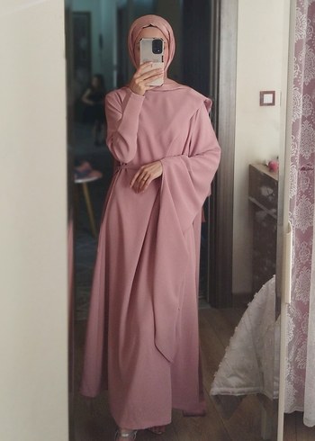 Pembe Yüksek Yakalı Salaş Uzun Elbise abiye - Görsel 2