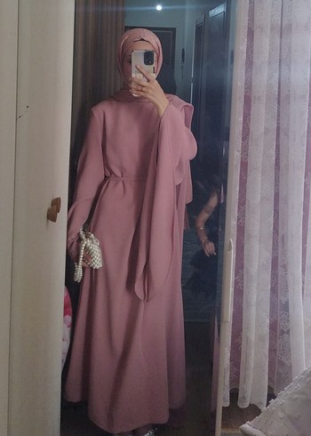 Pembe Yüksek Yakalı Salaş Uzun Elbise abiye - Görsel 4