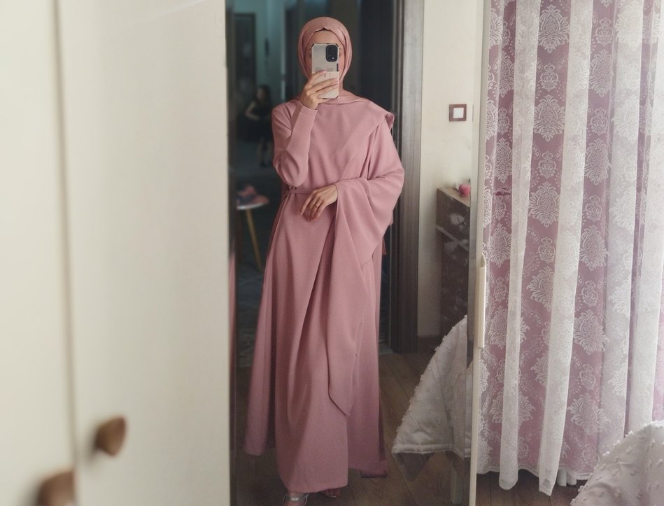 Pembe Yüksek Yakalı Salaş Uzun Elbise abiye - Görsel 2