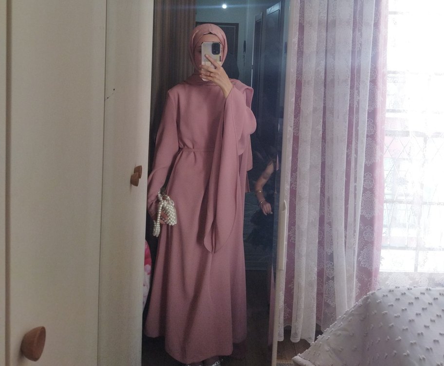 Pembe Yüksek Yakalı Salaş Uzun Elbise abiye - Görsel 4