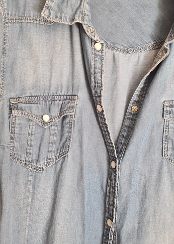 l Beden Düğmeli Denim Gömlek Kadın Mavi
