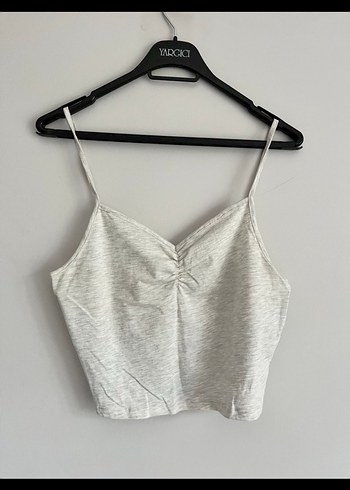Gri V Yaka Kolsuz Crop Top