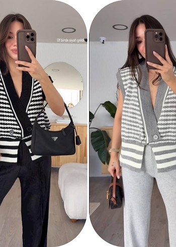 Kadın Gri Zebra Desenli Kolsuz Triko Süveter