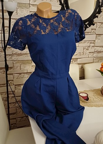 Zara Lacivert Dantelli Kısa Kollu Kumaş Tulum