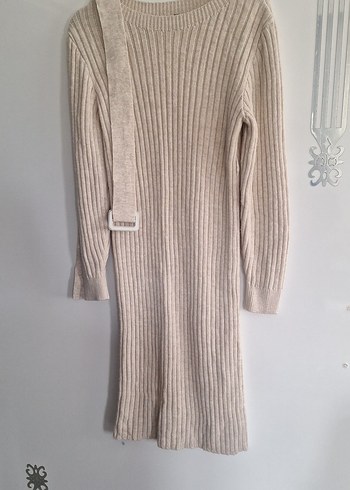 Bej Kemerli Uzun Triko Elbise - Görsel 2