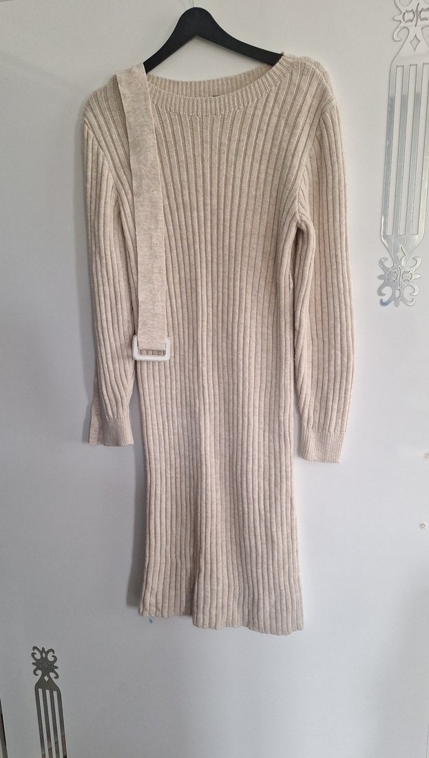 Bej Kemerli Uzun Triko Elbise - Görsel 2