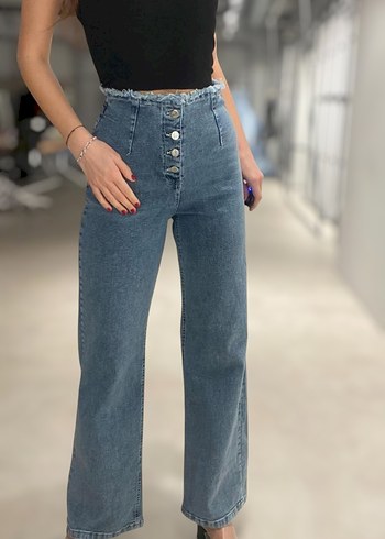 Düğmeli Gri Mavi Bağlama Desenli Bol Kesim Denim Kadın Pantolon