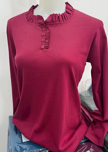 Bordo Düğmeli Yüksek Yaka Kadın Bluz - Görsel 2