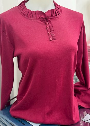 Bordo Düğmeli Yüksek Yaka Kadın Bluz - Görsel 3