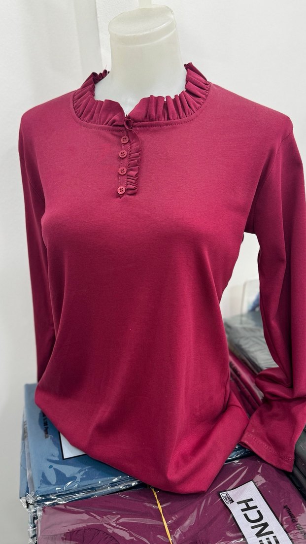 Bordo Düğmeli Yüksek Yaka Kadın Bluz - Görsel 2