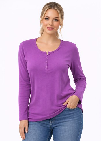Akench tekstil. Düğmeli Mor Kadın Uzun Kollu Tişört - Görsel 2