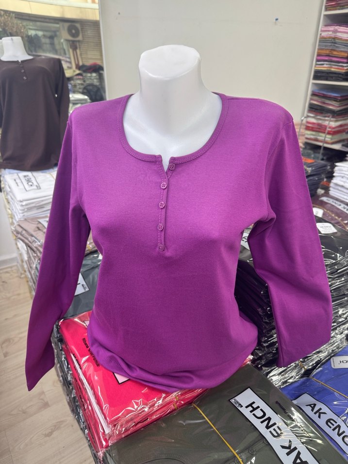 Akench tekstil. Düğmeli Mor Kadın Uzun Kollu Tişört - Görsel 3