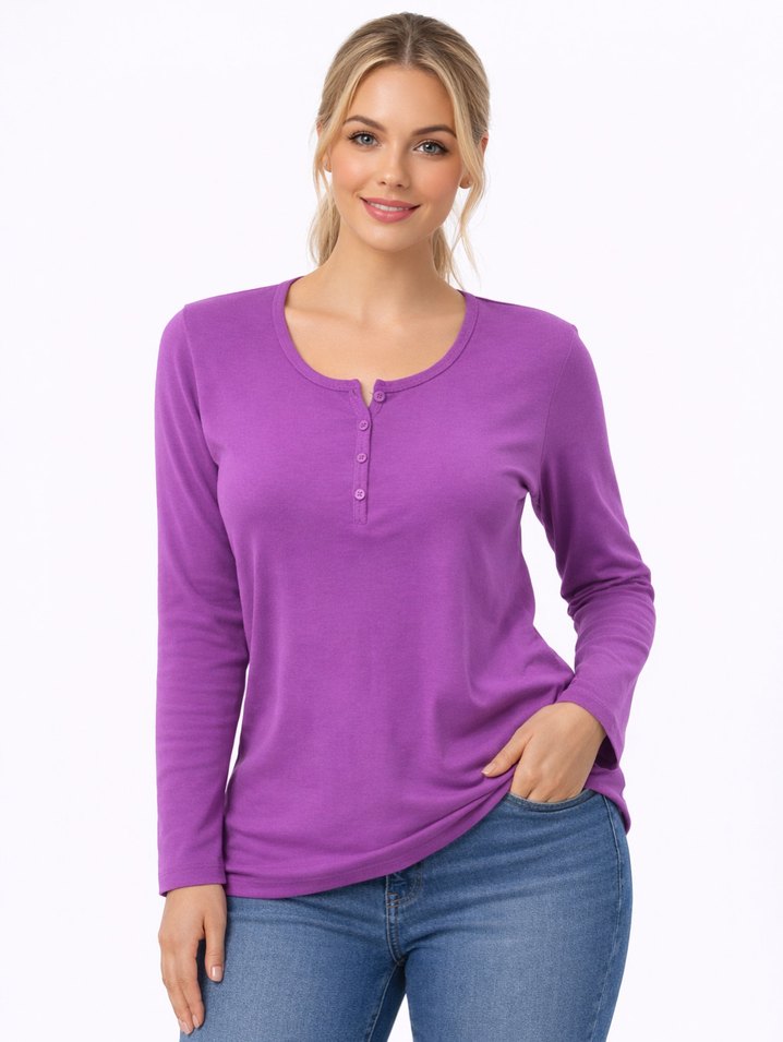 Akench tekstil. Düğmeli Mor Kadın Uzun Kollu Tişört - Görsel 2