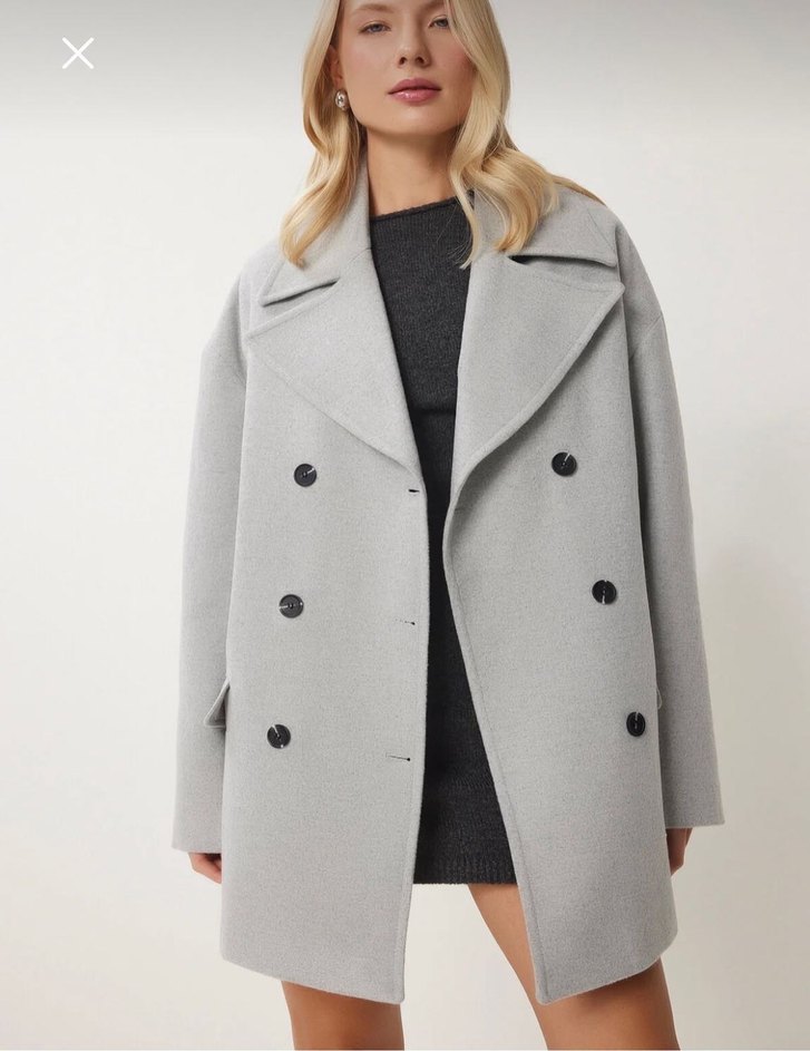 Çift Düğmeli Gri Kaban - Görsel 2