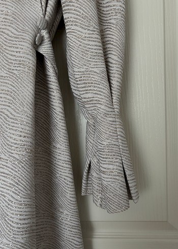 Gri Uzun Keten Elbise, Yüksek Yaka, Drapeli - Görsel 4