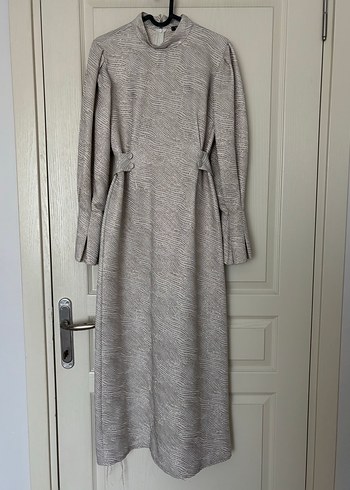 Gri Uzun Keten Elbise, Yüksek Yaka, Drapeli - Görsel 2