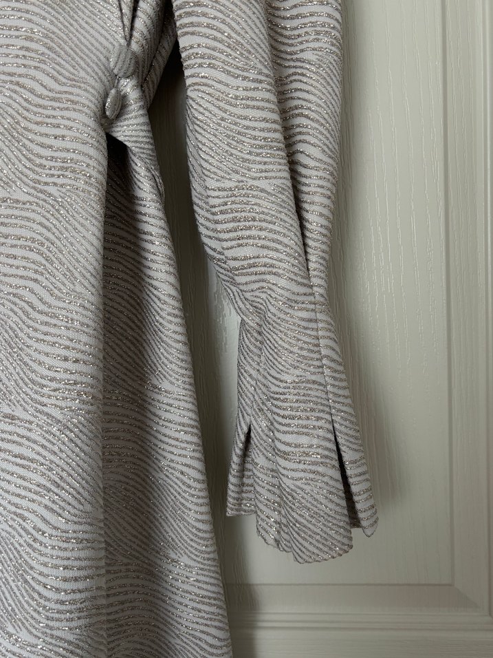 Gri Uzun Keten Elbise, Yüksek Yaka, Drapeli - Görsel 4