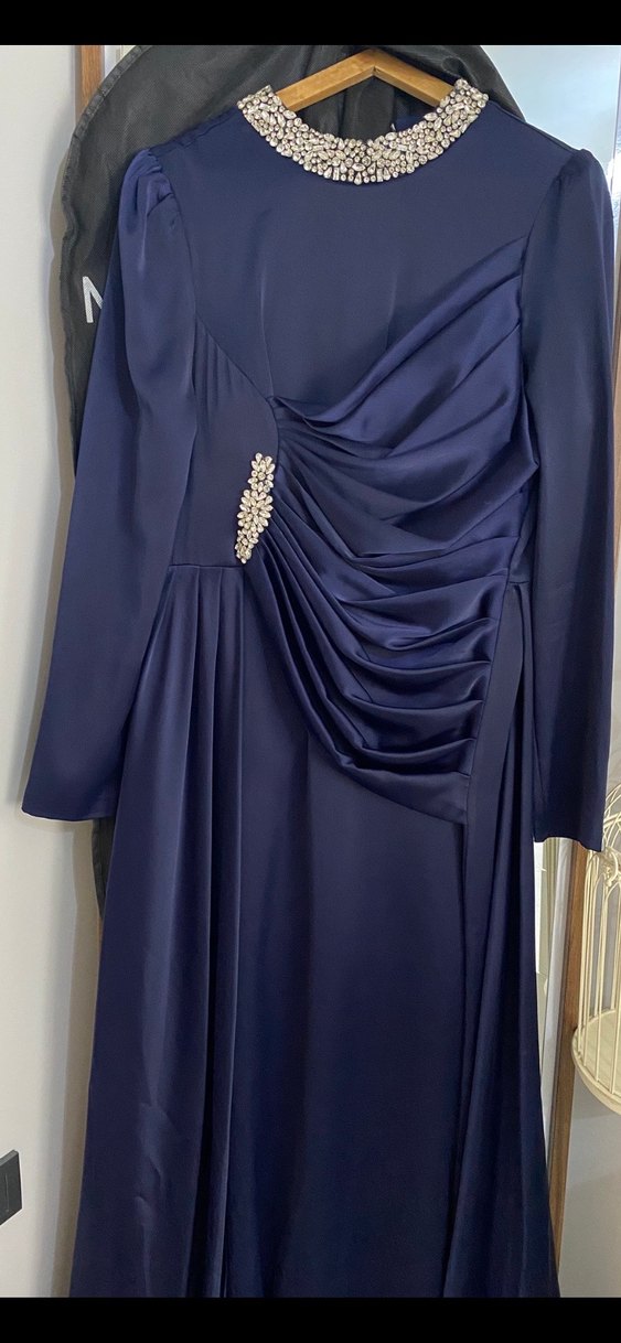 Lacivert Drapeli Uzun Abiye Elbise - Görsel 4