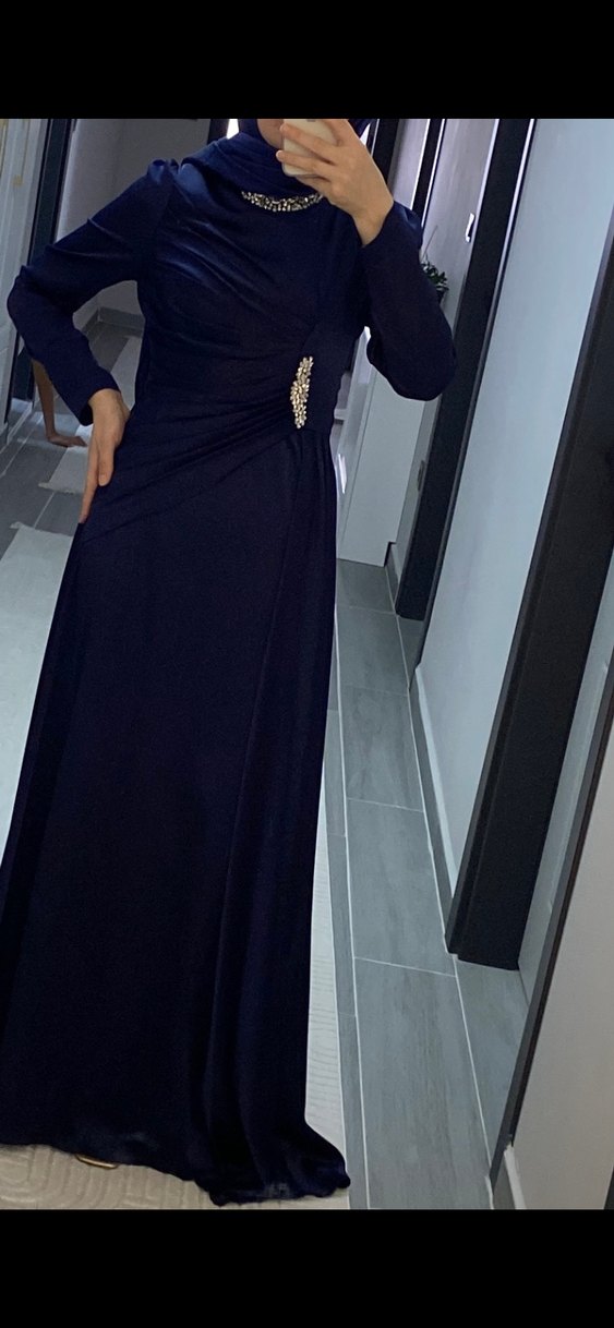 Lacivert Drapeli Uzun Abiye Elbise - Görsel 2