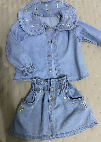 Nakışlı Mavi Denim Uzun Kollu Kız takım - Görsel 2