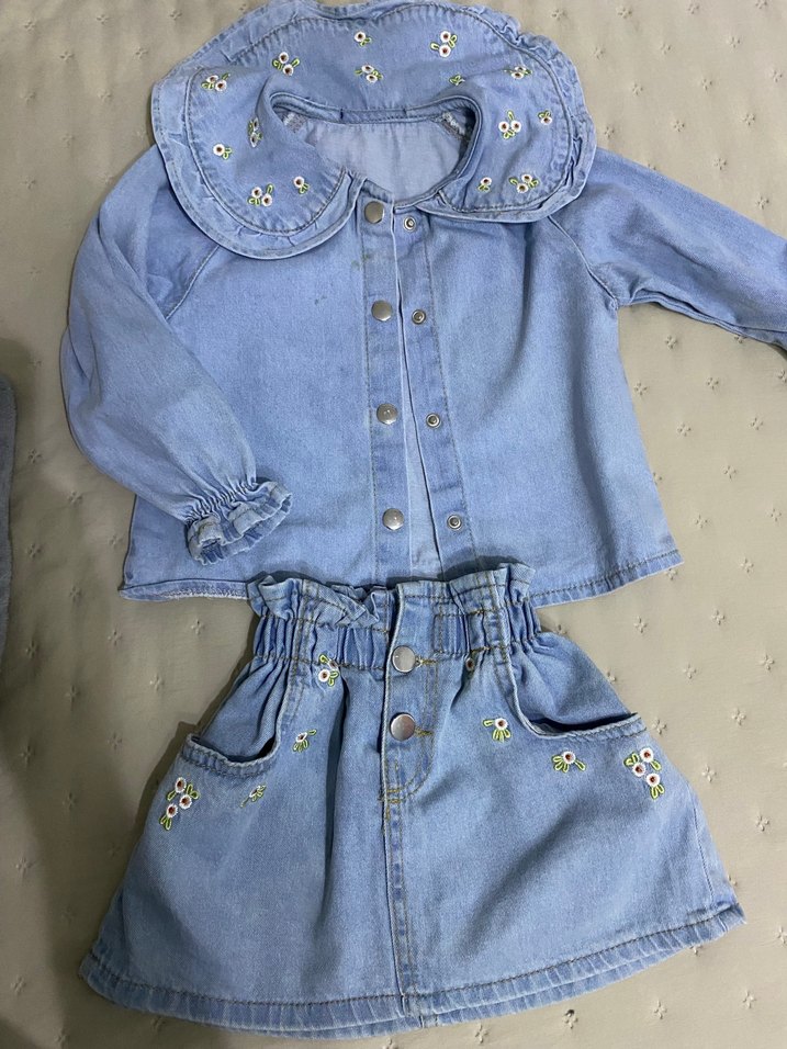 Nakışlı Mavi Denim Uzun Kollu Kız takım - Görsel 2