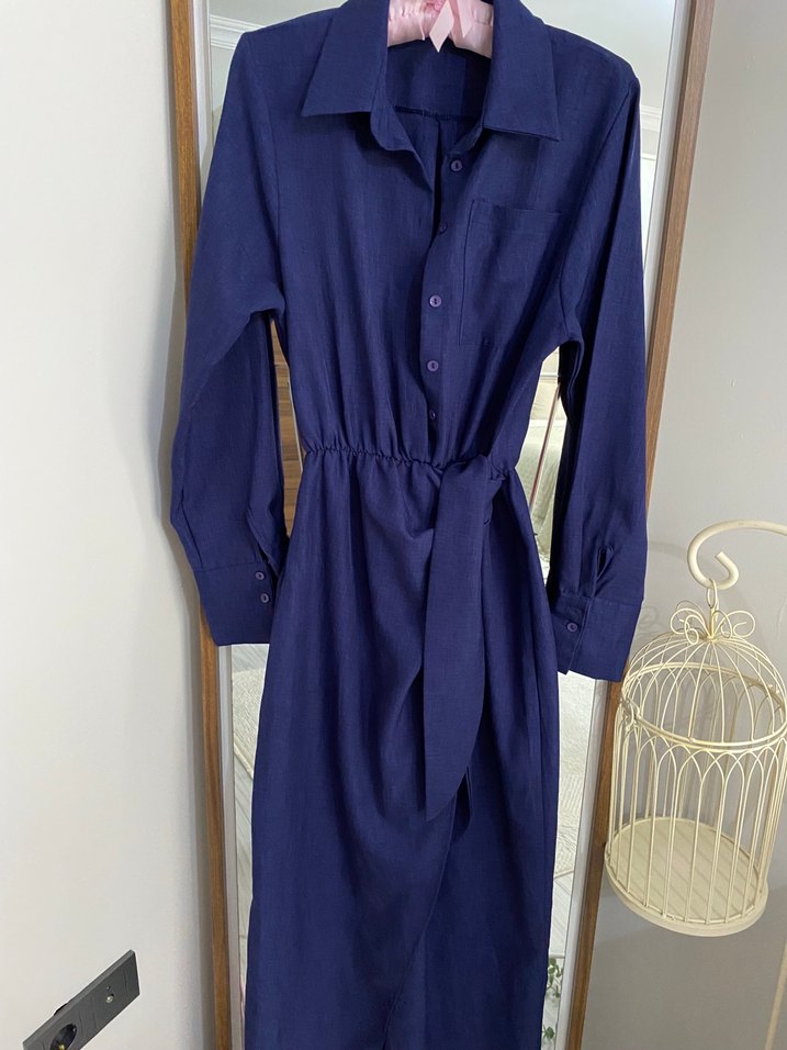 Lacivert Kadın Uzun Elbise Bağlamalı - Görsel 4