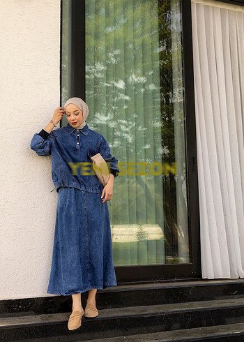 Oversize Bağcık Detaylı Etekli Mavi Denim Takım