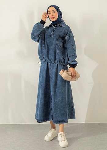 Armine Oversize Bağcık Detaylı Etekli Mavi Denim Takım