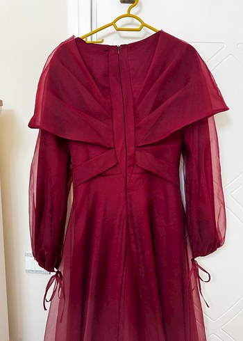 Bordo Uzun Kollu Drapeli Kadın Abiye Elbise - Görsel 5