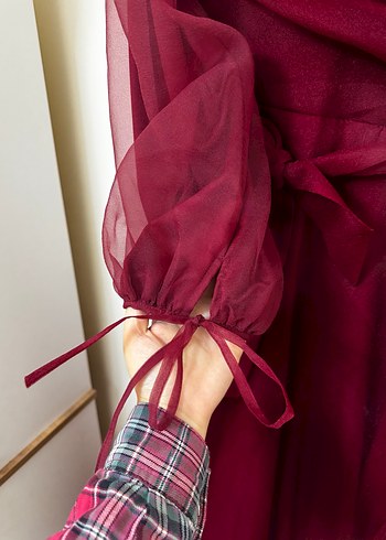 Bordo Uzun Kollu Drapeli Kadın Abiye Elbise - Görsel 4