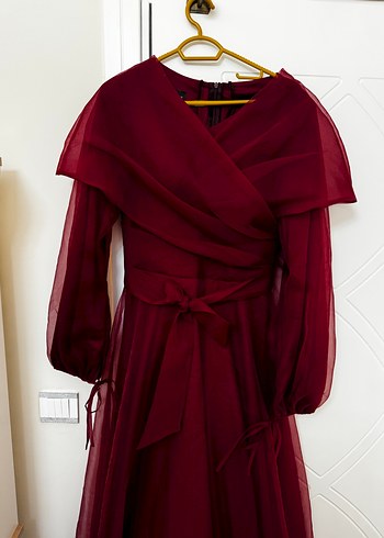 Bordo Uzun Kollu Drapeli Kadın Abiye Elbise - Görsel 2