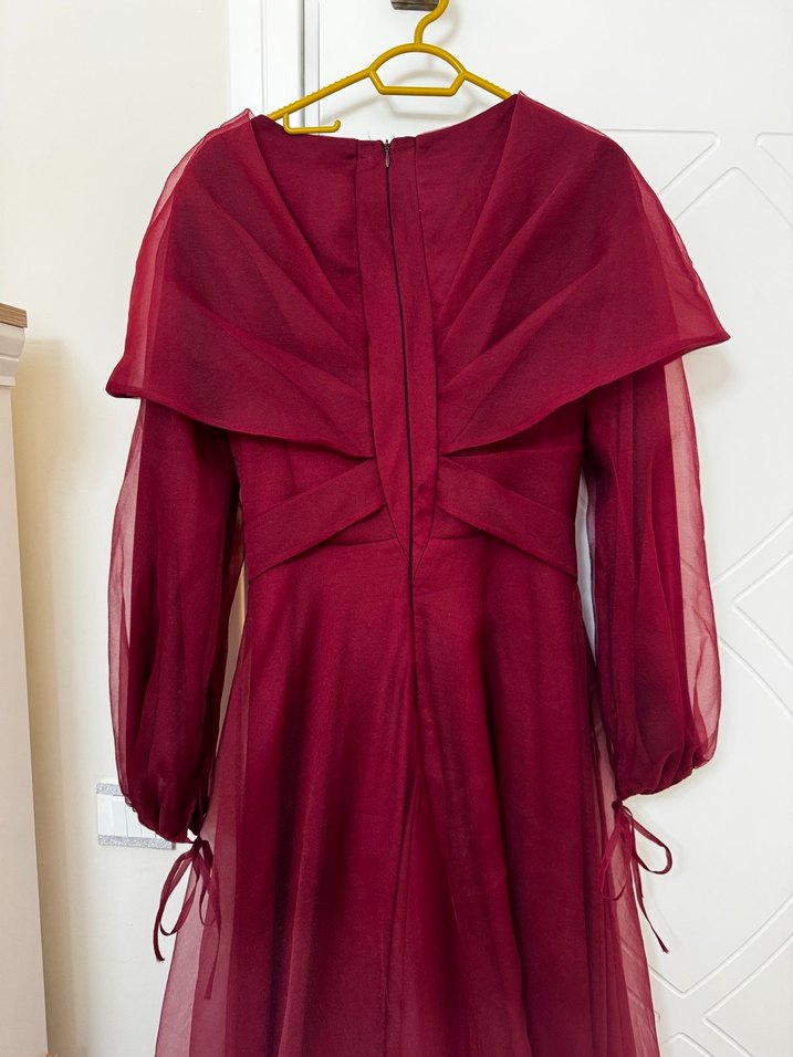 Bordo Uzun Kollu Drapeli Kadın Abiye Elbise - Görsel 5