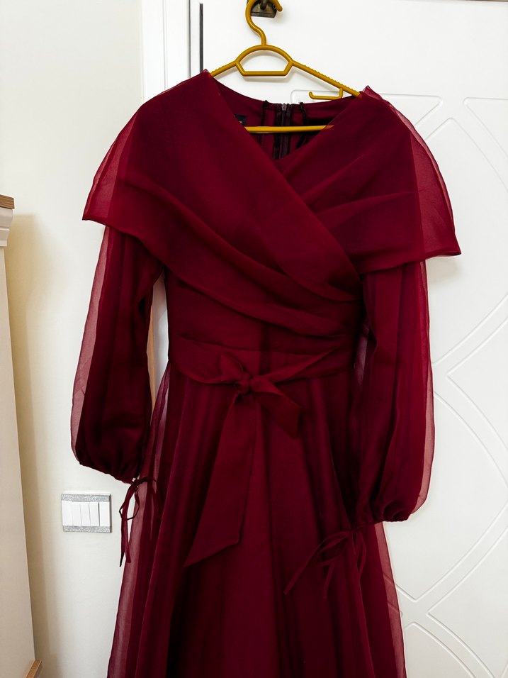 Bordo Uzun Kollu Drapeli Kadın Abiye Elbise - Görsel 2
