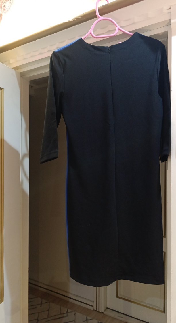 Koyu Mavi Siyah Drapeli Ofis elbise - Görsel 2