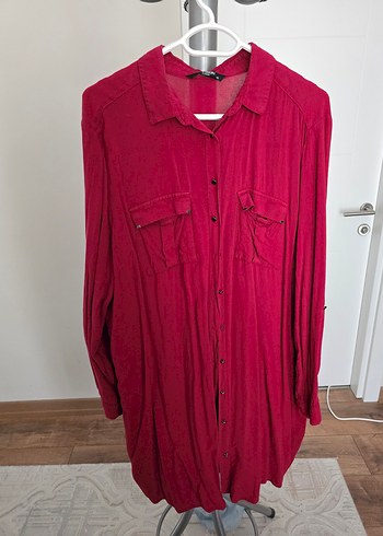 Düğmeli Kırmızı Pamuk Gömlek Tunik - Görsel 2