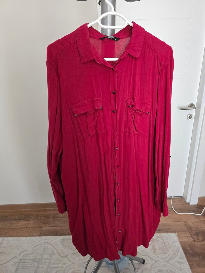 Düğmeli Kırmızı Pamuk Gömlek Tunik - Görsel 2