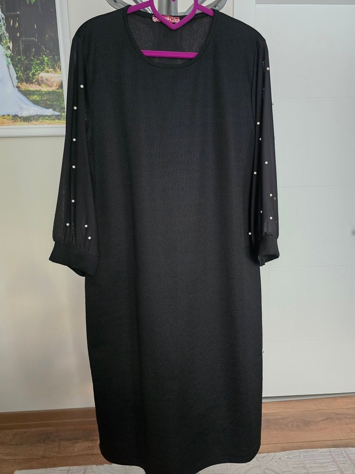 İnci Detaylı Siyah Kadın Elbise - Görsel 2