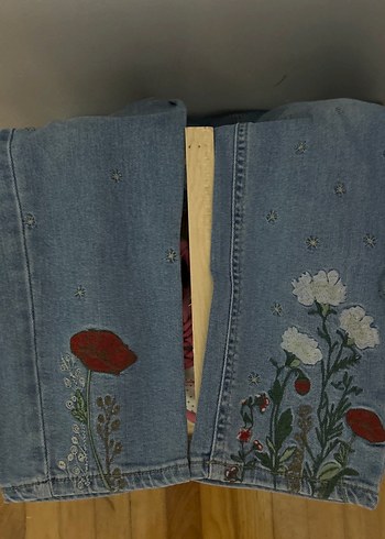 40 Beden Nakışlı Bohem Gri Mavi Midi Kot Pantolon