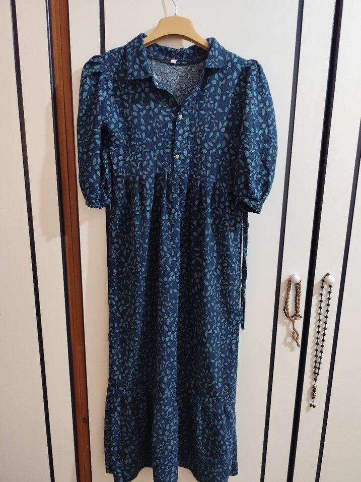 Düğmeli Lacivert Bohem Uzun Elbise - Görsel 3