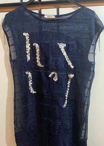 Mavi Nakışlı Örgü Kolsuz Kadın Bluz - Görsel 2