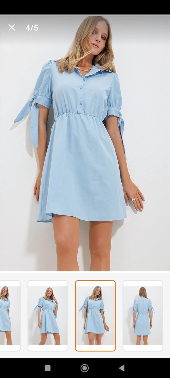 Mavi Kısa Kollu Pamuklu Mini Elbise - Görsel 2