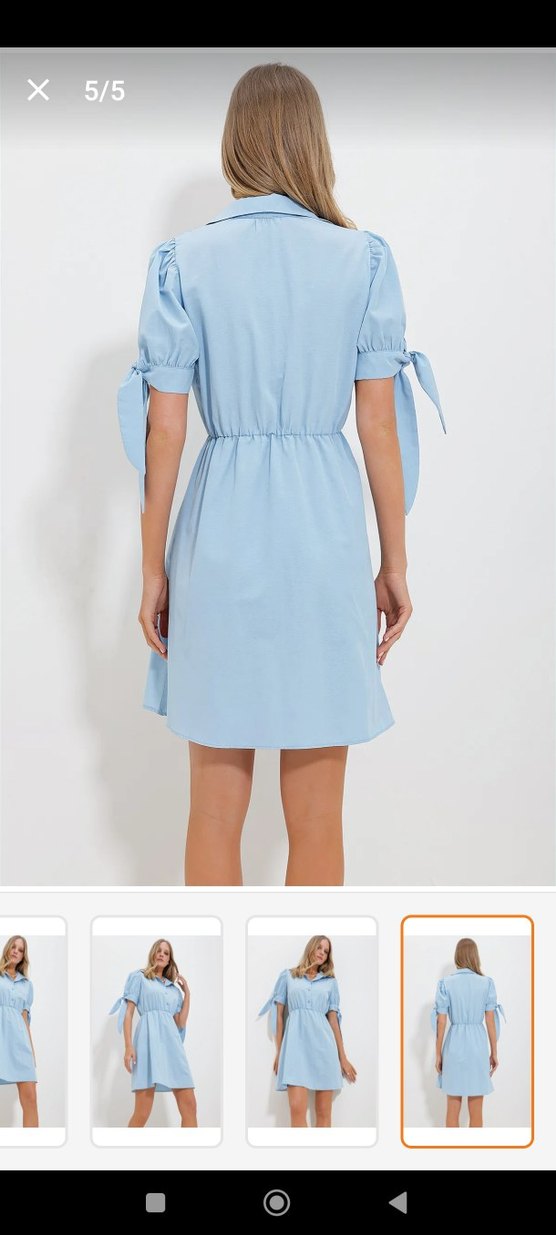 Mavi Kısa Kollu Pamuklu Mini Elbise - Görsel 3