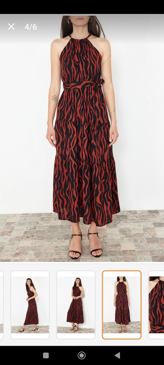 Kahverengi Zebra Desenli Uzun Askılı Elbise - Görsel 3