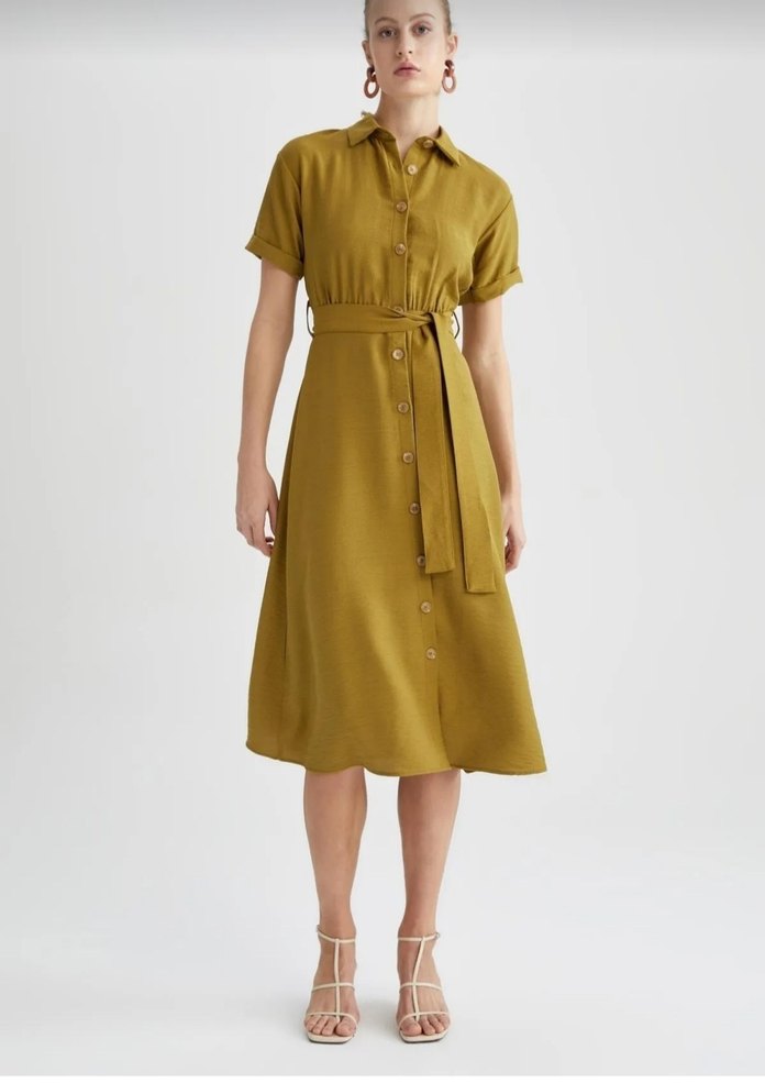 Kemerli haki Kadın Uzun Keten Elbise - Görsel 3