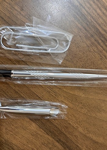 Altın Renkli Parlak Tükenmez Kalem ve Ataş Seti dümen kalem - Görsel 2