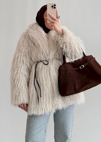 Bej Midi Boy Kadın Suni Kürk Ceket - Görsel 2
