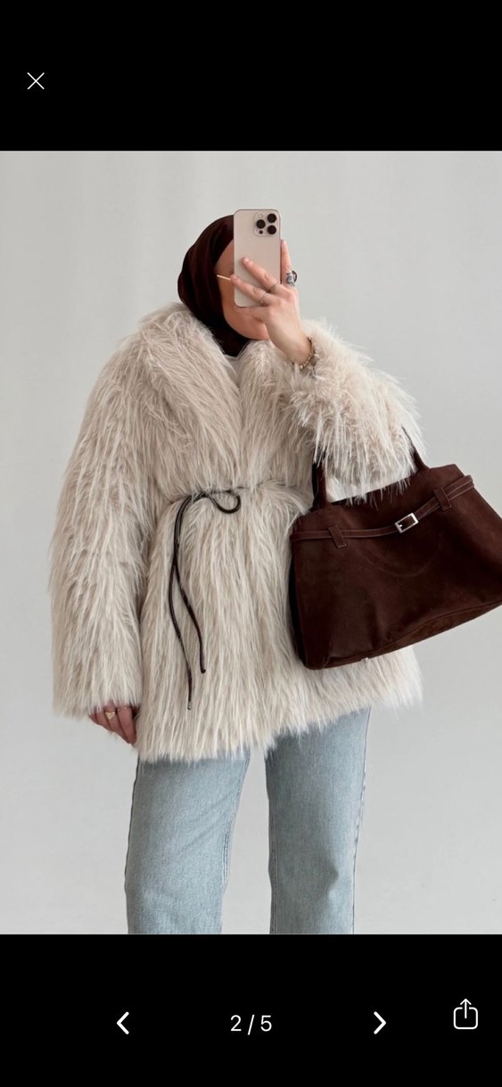 Bej Midi Boy Kadın Suni Kürk Ceket - Görsel 2